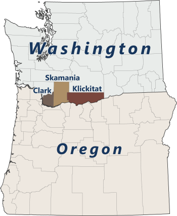 Map of Clark, Skamania, and Klickitat counties in relation to Oregon and Washington.